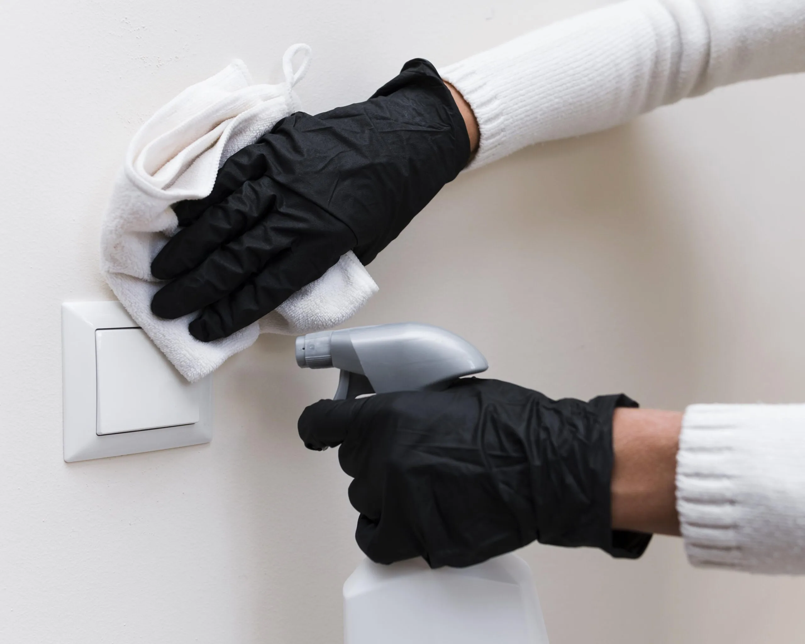 Professional cleaning and disinfecting light switch with gloves